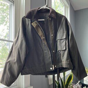 ZARA CORDUROY COLLAR WAXED JACKET KHAKI; SIZE SMALL